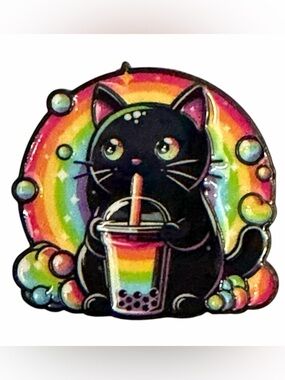 Pin 1.25” Black Cat Drinking Boba Tea Rainbow Enamel Brooch